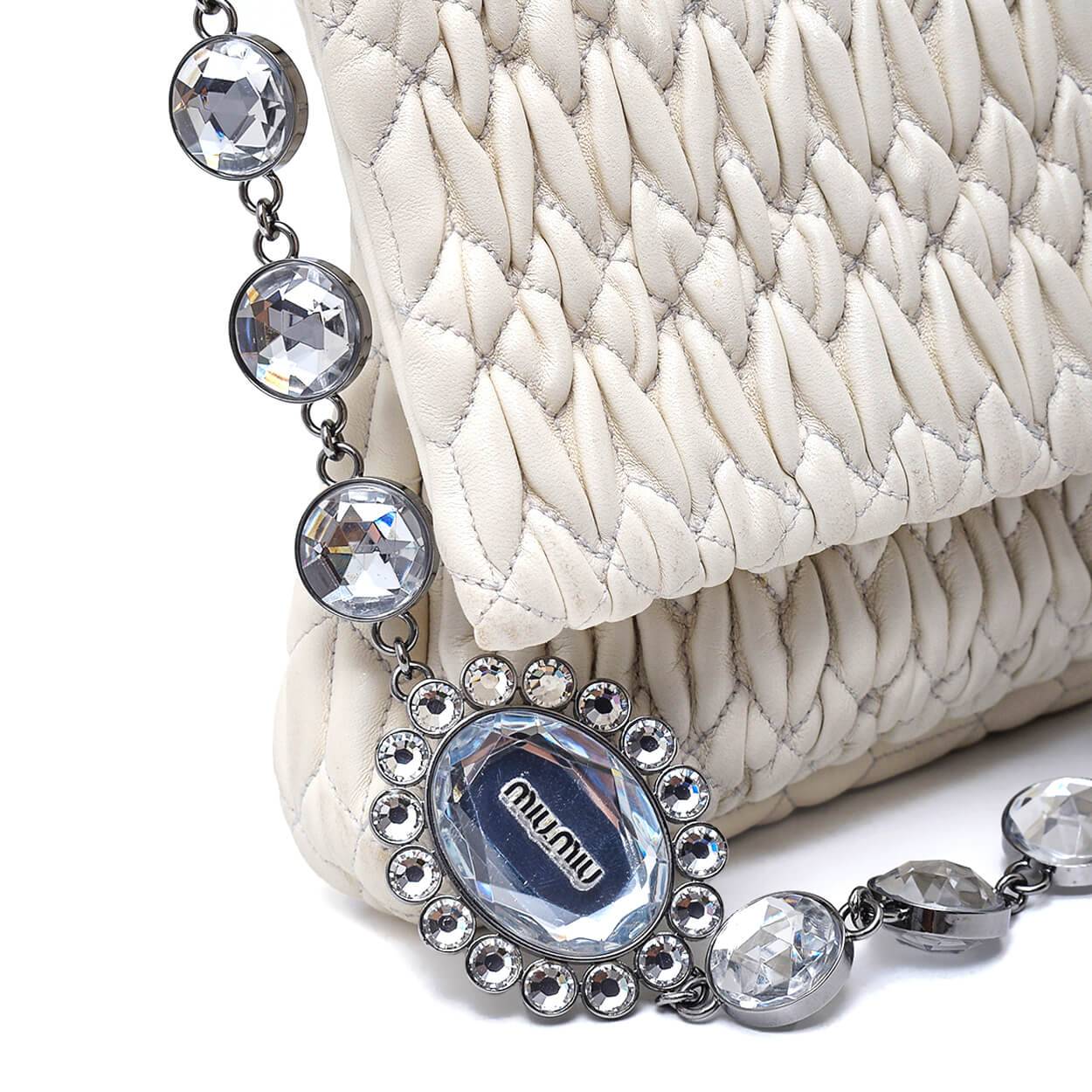 Miu Miu - Cream Matelassse Leather Oversized Bag w Iconic Crystal Cloque w Strap